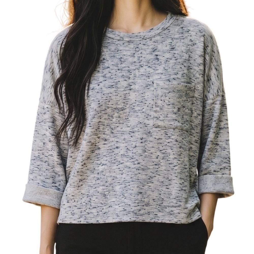 Jodifl Pullover Top Oversized Medium Tan Black Marl Knit Pocket 3/4 Sleeve